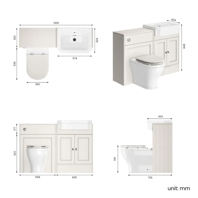 Monaco Cotton White Combination Vanity Traditional Basin and Kansas Toilet with Wooden Seat 1200mm