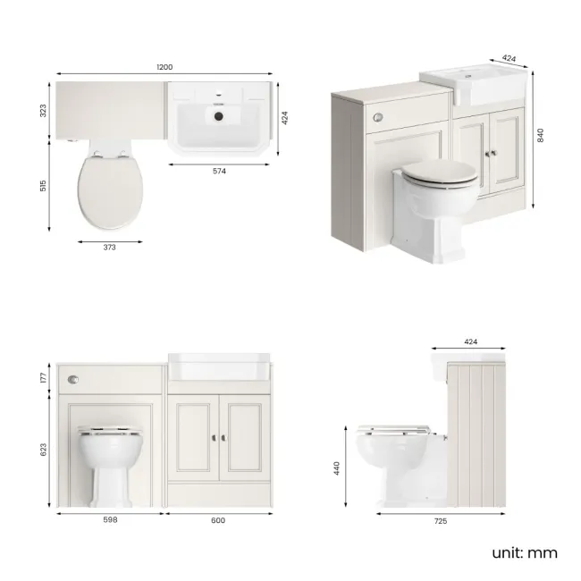 Monaco Cotton White Combination Vanity Traditional Basin and Hudson Toilet with Wooden Seat 1200mm