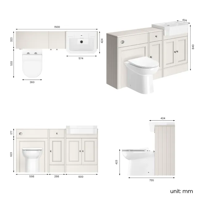 Monaco Cotton White Combination Vanity Traditional Basin and Aruba Toilet 1500mm