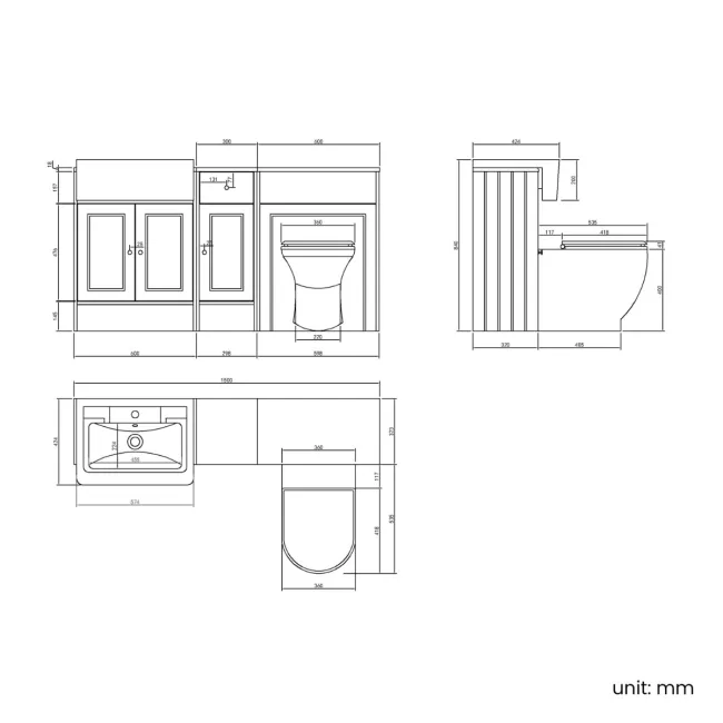 Monaco Cotton White Combination Vanity Traditional Basin and Kansas Toilet with Wooden Seat 1500mm