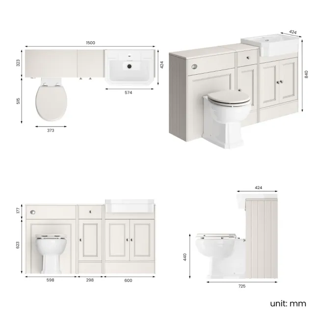 Monaco Cotton White Combination Vanity Traditional Basin and Hudson Toilet with Wooden Seat 1500mm