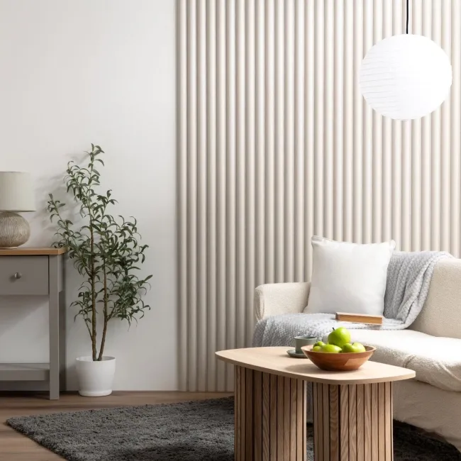 Trepanel Design® Light Oak on Antique White Felt Curve Acoustic Wood Slat Panels