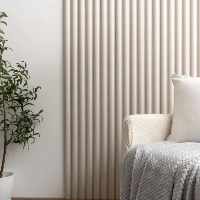 Trepanel Design® Light Oak on Antique White Felt Curve Acoustic Wood Slat Panels