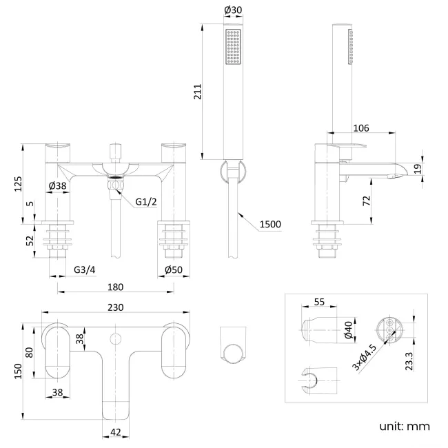 Tay Brushed Brass Bath Filler & Handheld Shower