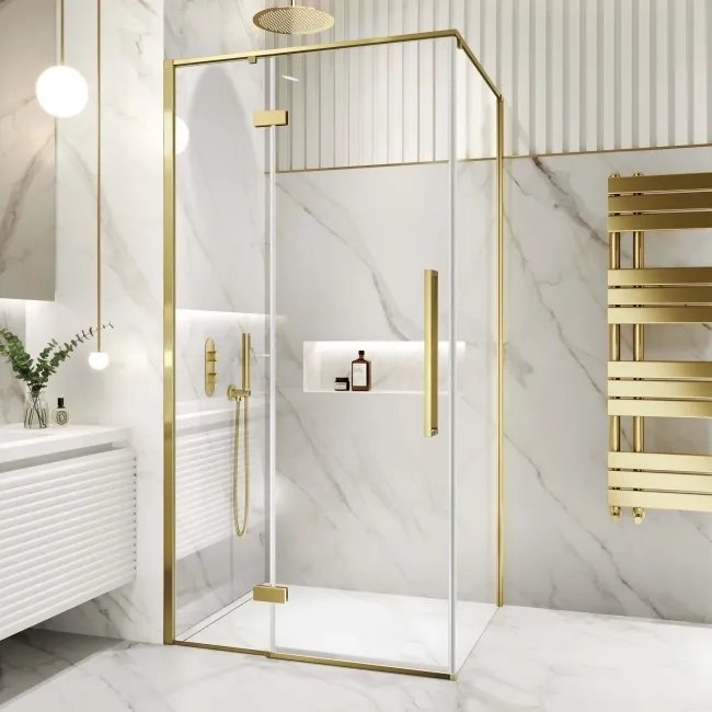 Helsinki Brushed Brass Premium Easy Clean 8mm Hinged Shower Enclosure 1100x900mm