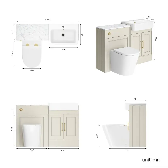 Monaco Chalk White Combination Vanity Basin with Marble Top & Boston Toilet 1200mm - Brass Knurled Handles