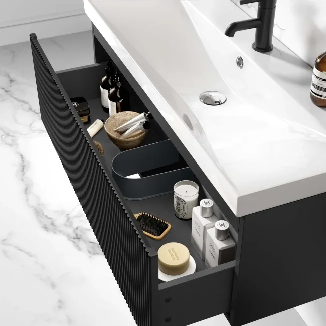 Malta Fluted Matt Black Wall Hung Basin Drawer Vanity 1000mm