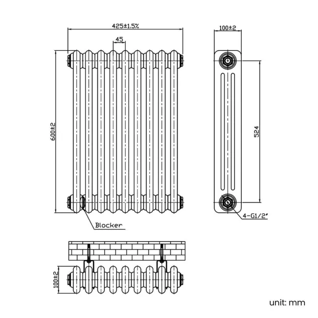 Triple Column Radiator Depth Athens Antique Triple Column Horizontal Radiator | 600x425mm