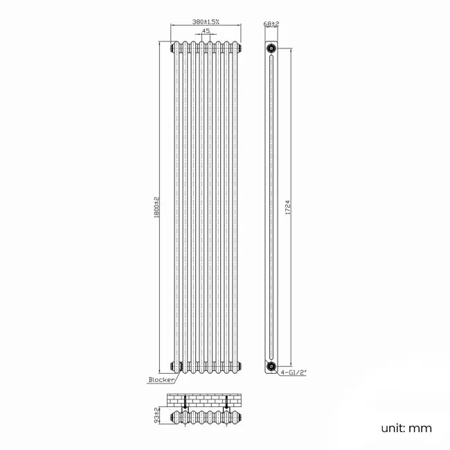 Athens Blue Double Vertical Radiator | 1800x380mm | Bathroom Mountain