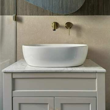Bermuda Chalk White Vanity with Marble Top & Curved Counter Top Basin 600mm - Brushed Brass Accents