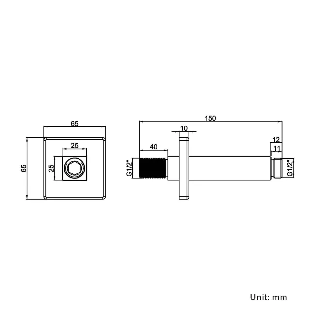 150mm Matt Black Square Ceiling Mounted Shower Arm