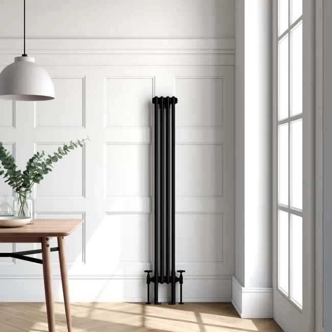 Athens Matt Black Double Column Vertical Traditional Radiator 1500x200mm