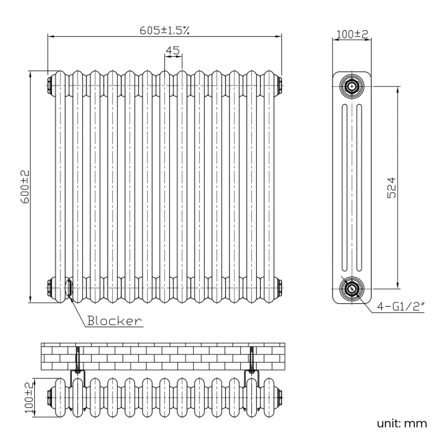 Athens Inky Blue Triple Column Horizontal Traditional Radiator 600x605mm