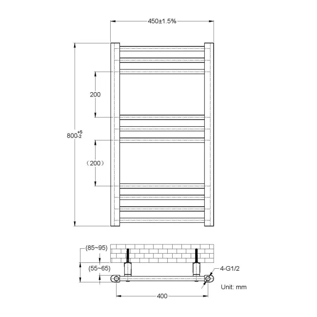Barcelona Anthracite Straight Heated Towel Rail 800x450mm