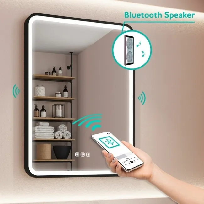 Olivia Black Framed Illuminated LED Mirror With BLUETOOTH Speaker 800x600mm