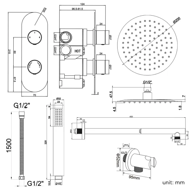 Ballina Premium Chrome Round Thermostatic Shower Set - 200mm Head & Hand Shower