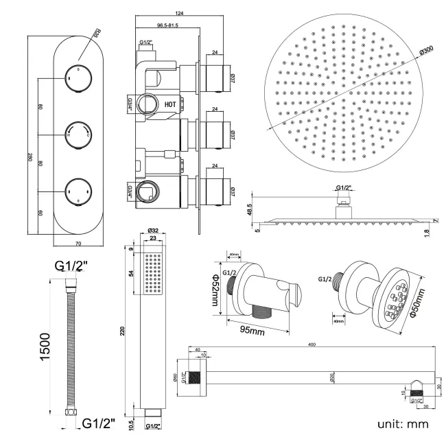 Ballina Premium Chrome Round Thermostatic Set - 300mm Head, Hand Shower & Body Jets