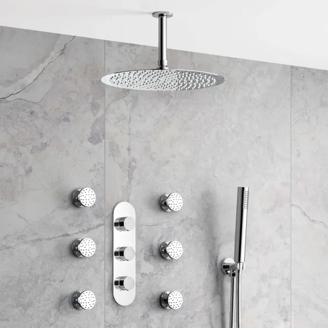Ballina Premium Ceiling Chrome Round Thermostatic Set - 300mm Head, Hand Shower & Jets
