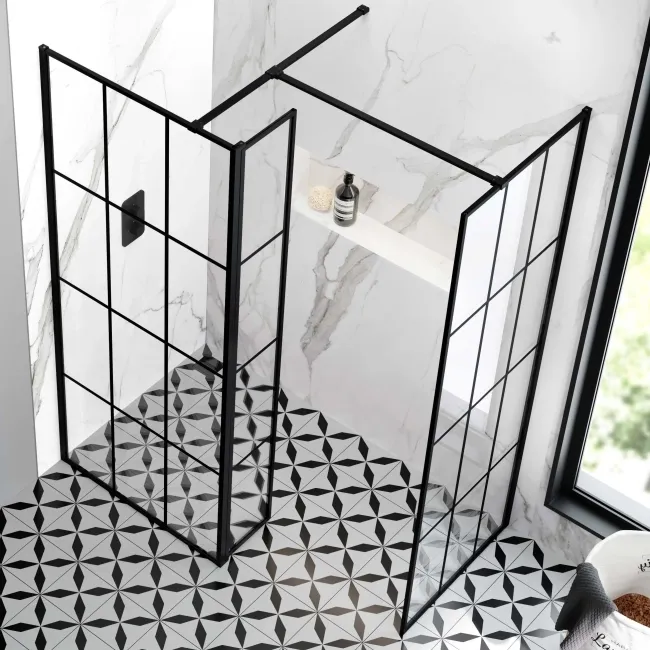 Munich Matt Black Grid 8mm Walk In Shower Enclosure 800mm & 700mm Glass with Pivotal Return Panel