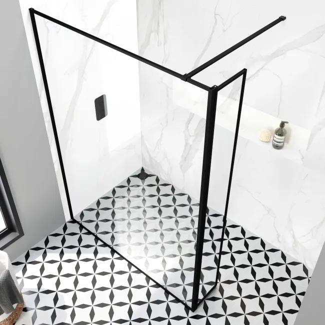 Munich Matt Black Framed 8mm Wet Room Shower Glass 1400mm & 250mm Pivotal Return Panel