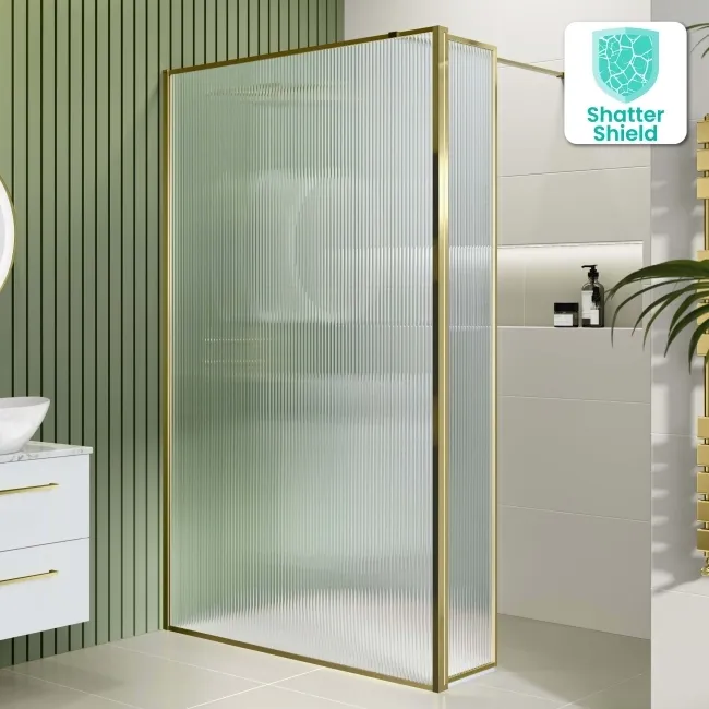 Munich Fluted Effect Brushed Brass 8mm Wet Room Shower Glass 1200mm & 250mm Pivotal Return Panel