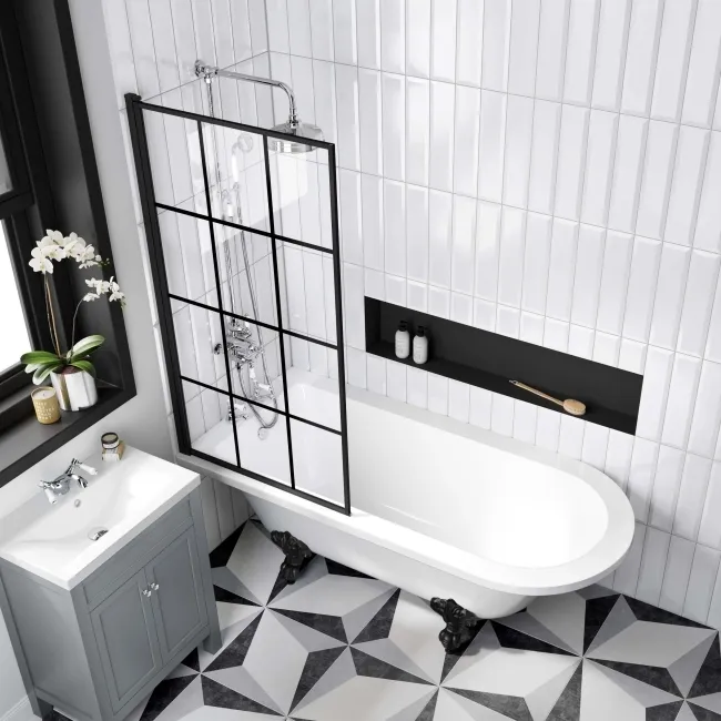 Abingdon 1700 Roll Top Shower Bath - Black Ball Feet & 6mm Easy Clean Matt Black Grid Screen