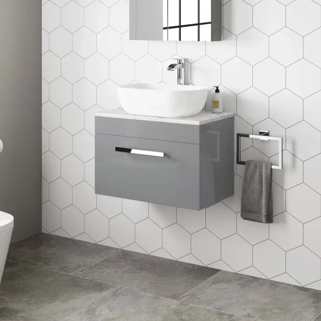 Avon Stone Grey Wall Hung Drawer Vanity with Marble Top & Curved Counter Top Basin 600mm