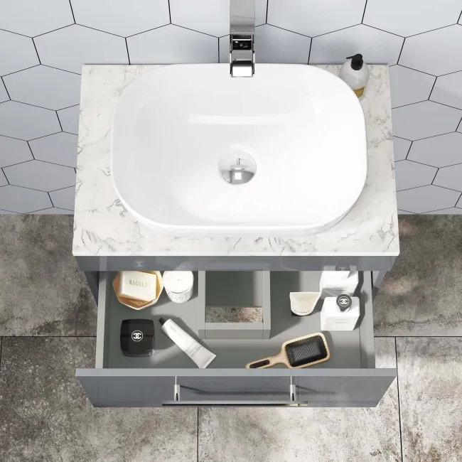 Avon Stone Grey Wall Hung Drawer Vanity with Marble Top & Curved Counter Top Basin 600mm