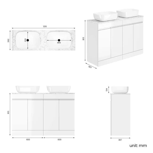 Trent Gloss White Double Vanity with Marble Top & Curved Counter Top Basin 1200mm