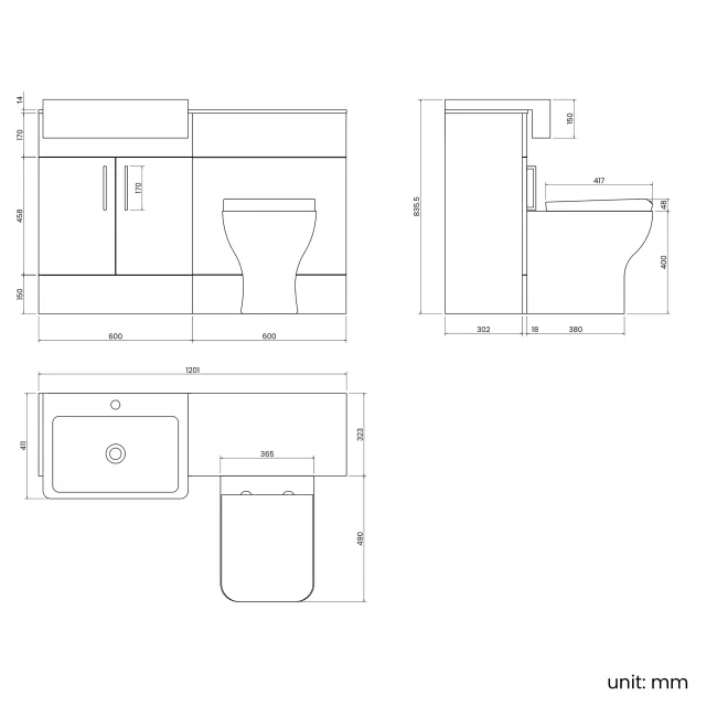 Harper Stone Grey Combination Vanity Basin with Marble Top & Atlanta Toilet 1200mm