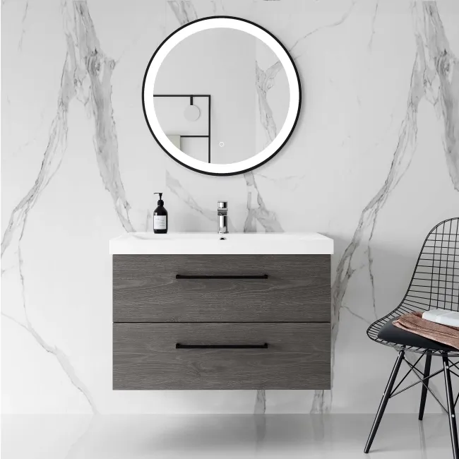 Elba Charcoal Elm Wall Hung Basin Drawer Vanity 800mm - Black Accents