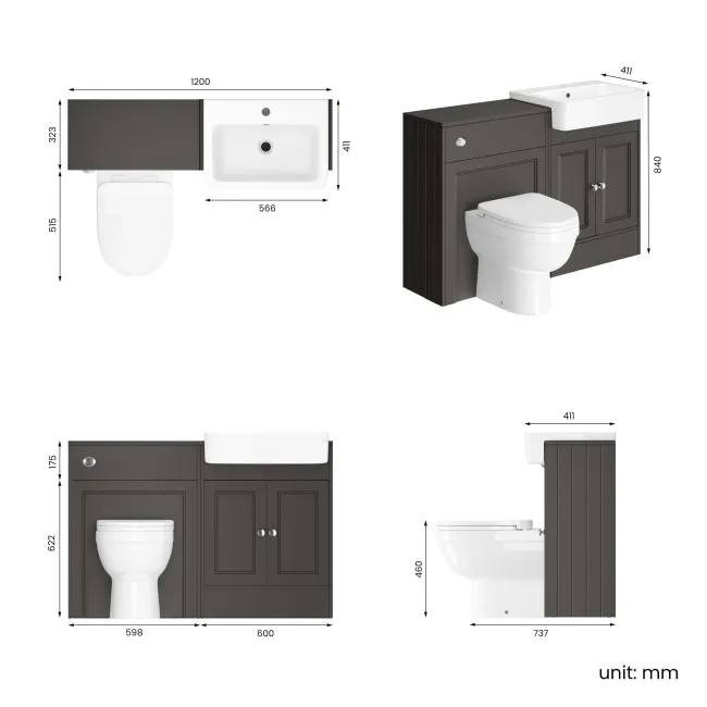 Monaco Graphite Grey Combination Vanity Basin and Seattle Toilet 1200mm
