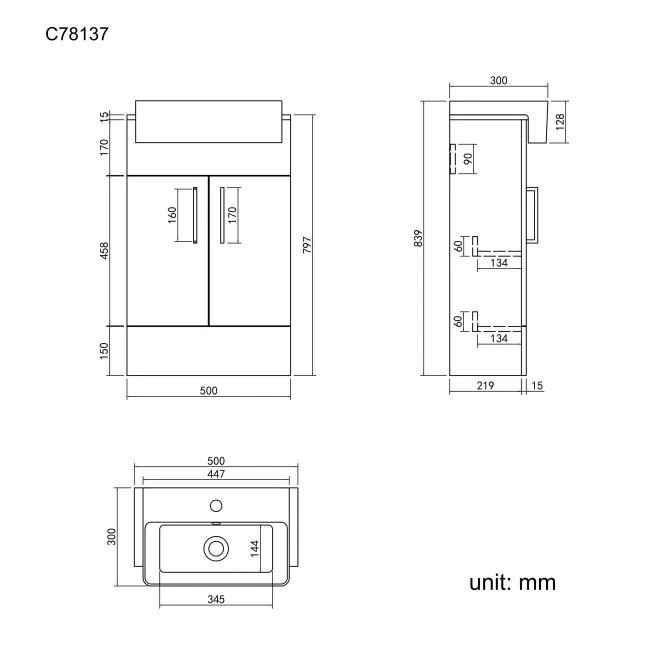 Harper Stone Grey Vanity with Semi Recessed Basin 500mm - Black Accents