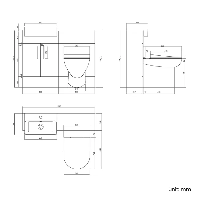 Harper Charcoal Elm Combination Vanity Basin with Marble Top & Aruba Toilet 1000mm - Black Accents