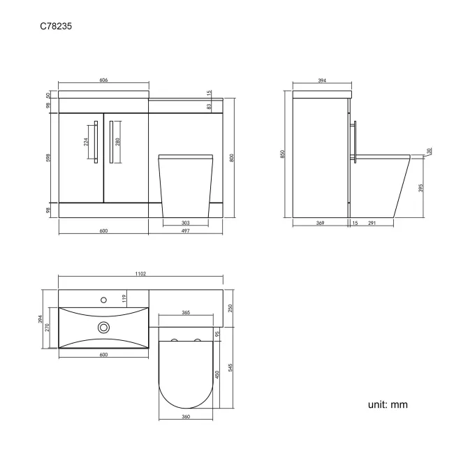 Avon Stone Grey Combination Vanity Basin and Boston Toilet 1100mm
