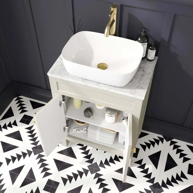 Bermuda Chalk White Vanity with Marble Top & Curved Counter Top Basin 600mm - Brushed Brass Accents