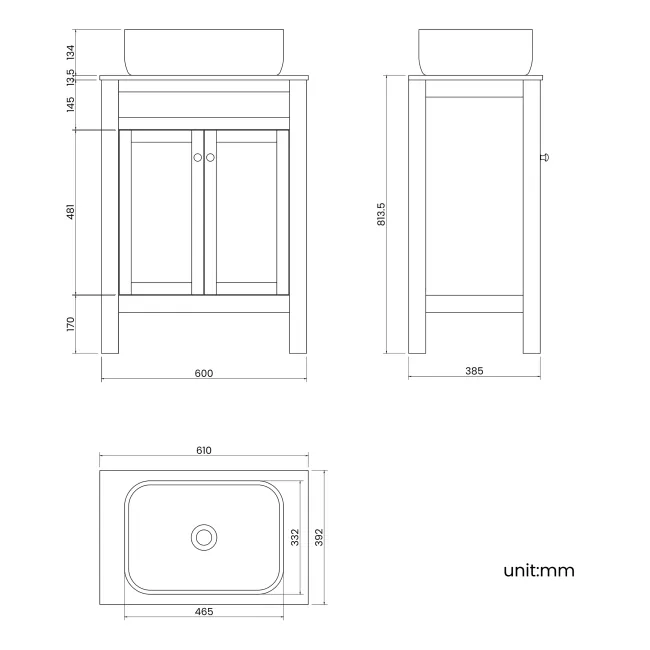 Bermuda Chalk White Vanity with Marble Top & Curved Counter Top Basin 600mm - Brushed Brass Accents
