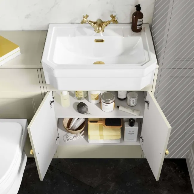 Monaco Chalk White Combination Vanity Traditional Basin and Seattle Toilet 1200mm - Brushed Brass Accents