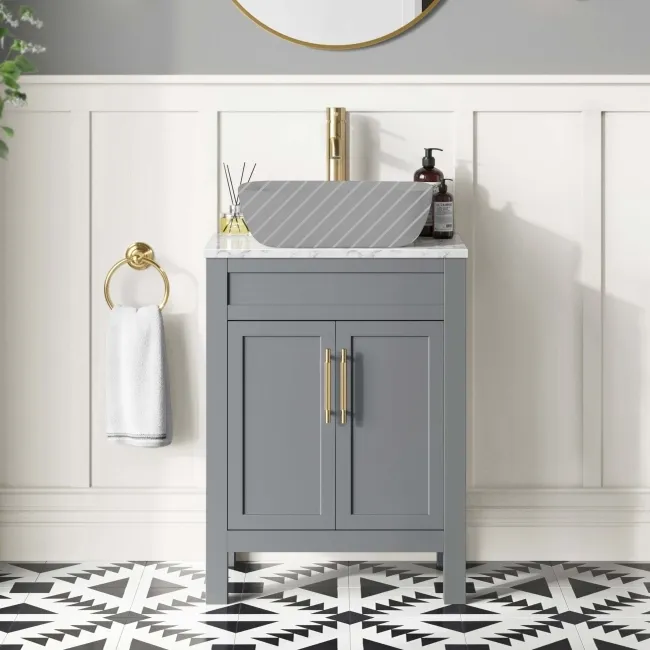 Bermuda Dove Grey Cabinet with Marble Top 600mm Excludes Counter Top Basin - Brass Knurled Handles