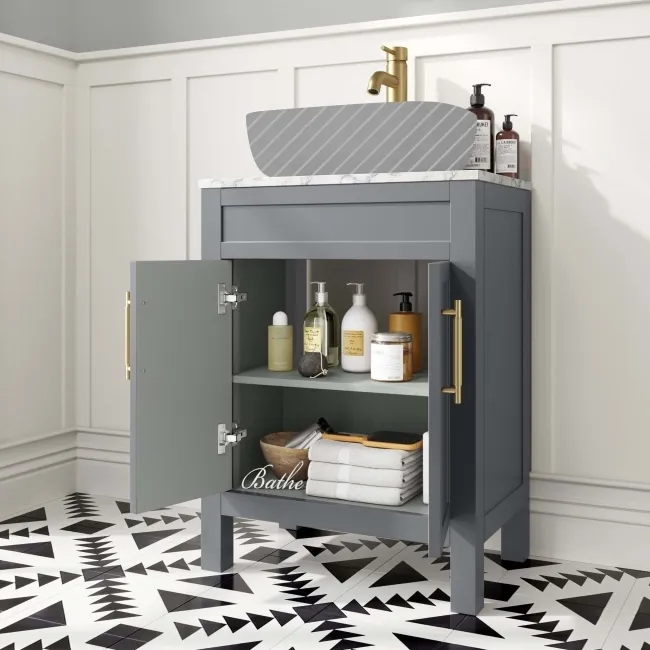 Bermuda Dove Grey Cabinet with Marble Top 600mm Excludes Counter Top Basin - Brass Knurled Handles