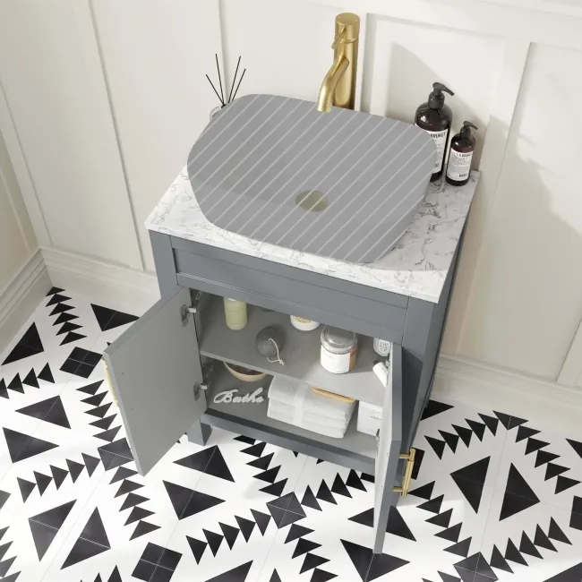 Bermuda Dove Grey Cabinet with Marble Top 600mm Excludes Counter Top Basin - Brass Knurled Handles