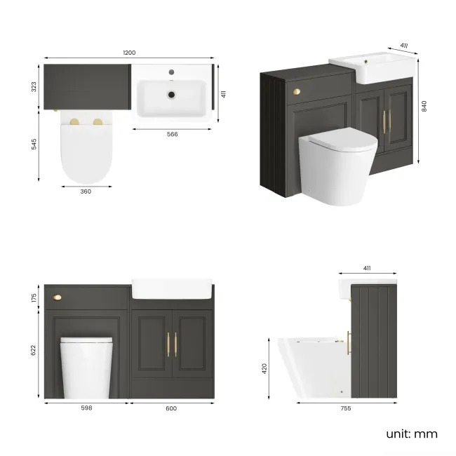 Monaco Graphite Grey Combination Vanity Basin and Boston Toilet 1200mm - Brass Knurled Handles
