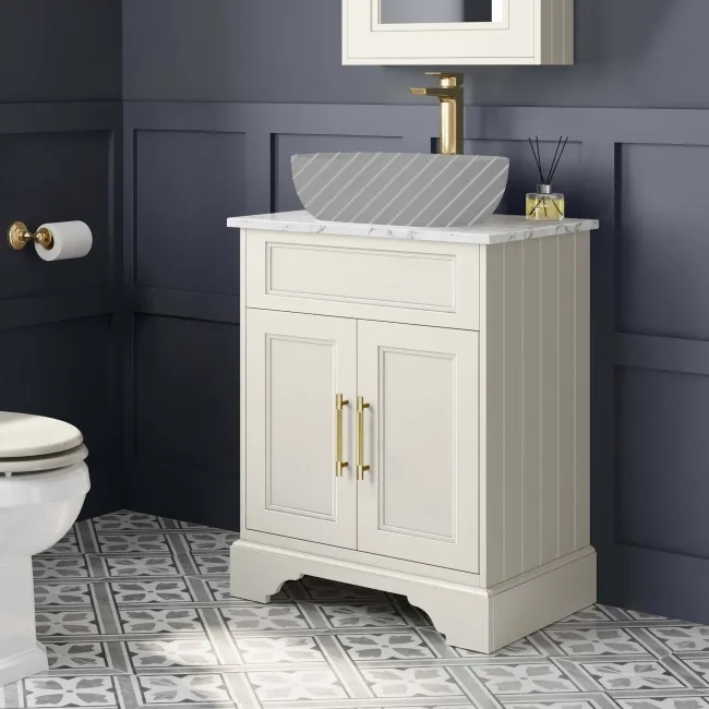 Lucia Chalk White Cabinet with Marble Top 640mm (Excludes Counter Top Basin) - Brass Knurled Handles