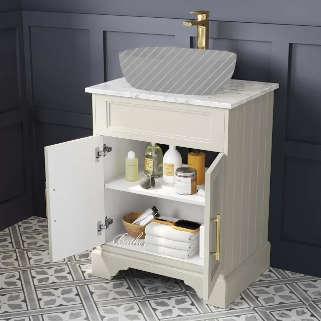 Lucia Chalk White Cabinet with Marble Top 640mm (Excludes Counter Top Basin) - Brass Knurled Handles