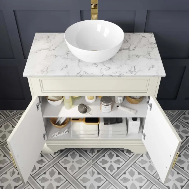 Lucia Chalk White Vanity with Marble Top & Round Counter Top Basin 840mm - Brass Knurled Handles