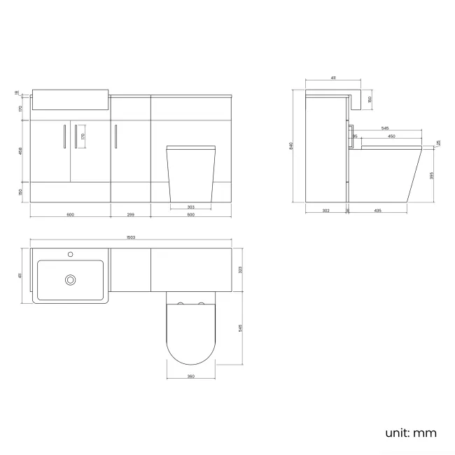 Harper Stone Grey Combination Vanity Basin and Boston Toilet 1500mm - Brushed Brass Accents