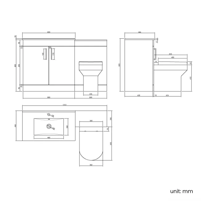 Mersey Gloss White Combination Vanity Basin and Miami Toilet 1300mm - Black Accents