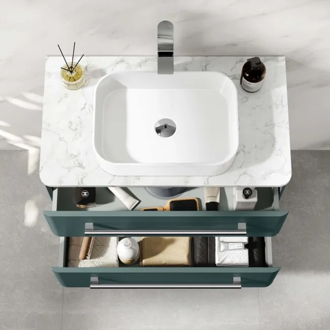 Omaha Mystic Green Wall Hung Drawer Vanity with Marble Top & Marin Basin 800mm