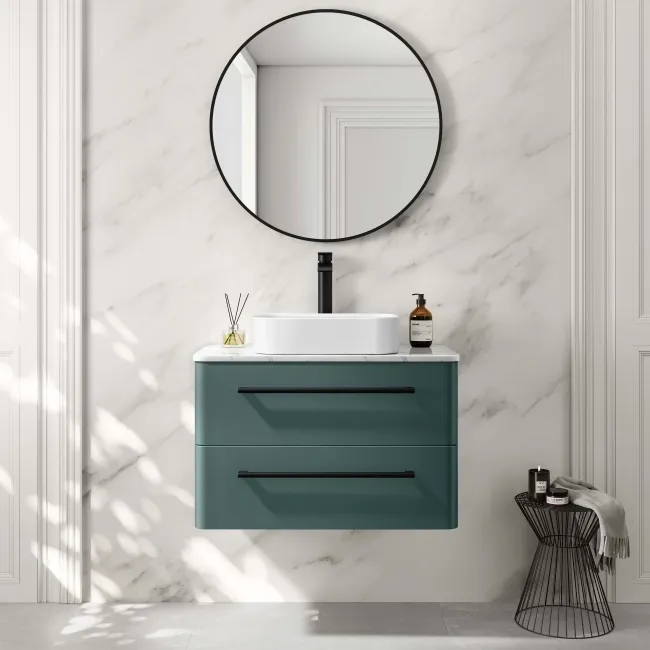 Omaha Mystic Green Wall Hung Drawer Vanity with Marble Top & Marin Basin 800mm - Black Accents