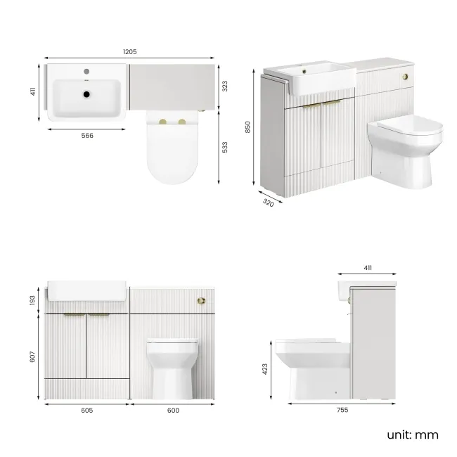 Sicily Fluted Coastal White Combination Vanity Basin and Miami Toilet 1200mm - Brushed Brass Accents